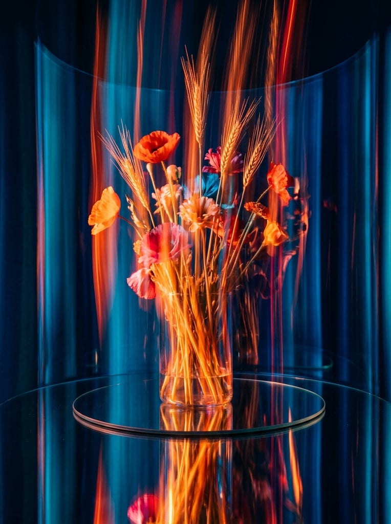 A cluster of flowers and wheat stalks transformed by heavy, dramatic vertical motion blur and long-exposure light streaks. The organic forms of the petals and grain heads are elongated into kinetic, ethereal vertical striations, illuminated by intense, neon-like rim lighting in fiery orange and bright crimson. These luminous warm tones contrast sharply against a deep, highly saturated backdrop of cyan and sapphire blue. The botanical arrangement is centrally positioned on a polished, highly reflective circular platform that mirrors the stretched, glowing stems and petals in a glassy puddle of light. The surrounding environment consists of abstract, vertical bands of glowing color forming a curved, cylindrical visual boundary, enveloping the subjects in a high-contrast, theatrical, and dreamlike atmosphere defined by smooth, fluid textures and vibrant, streak-like chromatic bleeding.