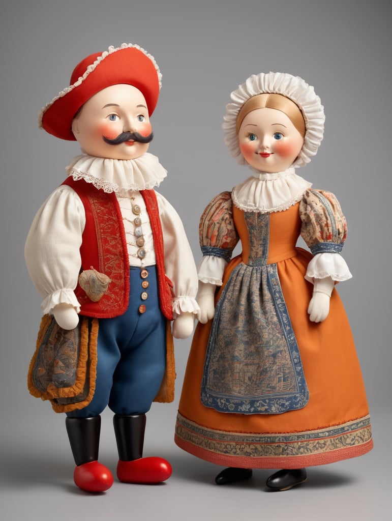 A pair of anthropomorphic dolls in the style of Dutch tradition, soft sculpture, historical subjects, Danish design, folklore theme, colorful caricature