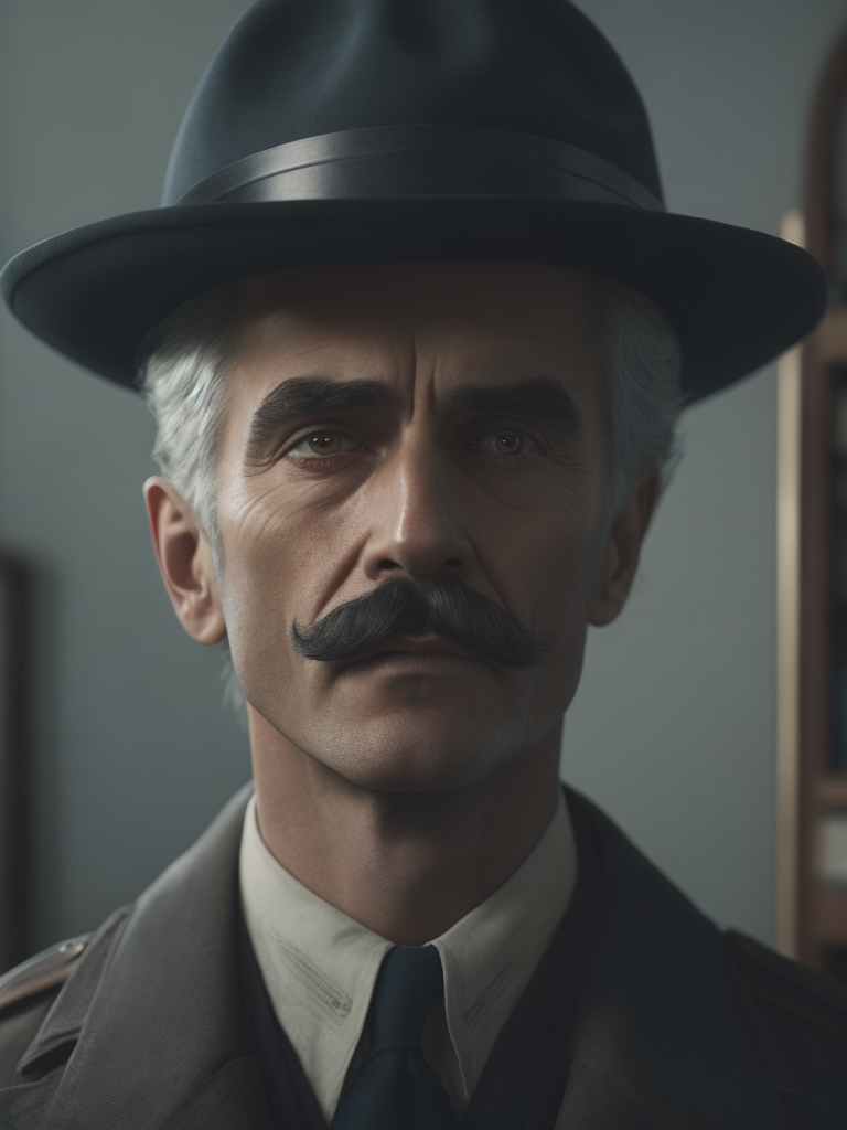 Lovecraftian portrait of a 1920s police detective, gray haired english moustache, bookshelves wide shot, artstation, concept art, illustration, ilya kuvshinov, vintage