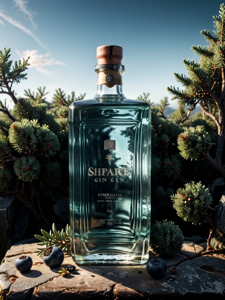 professional photography of a square gin bottle, square bottle, surrounding a juniper and juniper berries, one shot of gin in a front, no label, clear, mockup