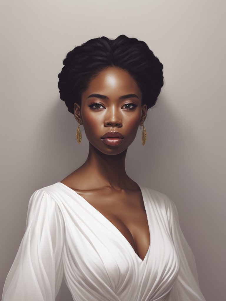 Portrait of a beautiful african american woman wearing a white wedding dress, by tran nguyen