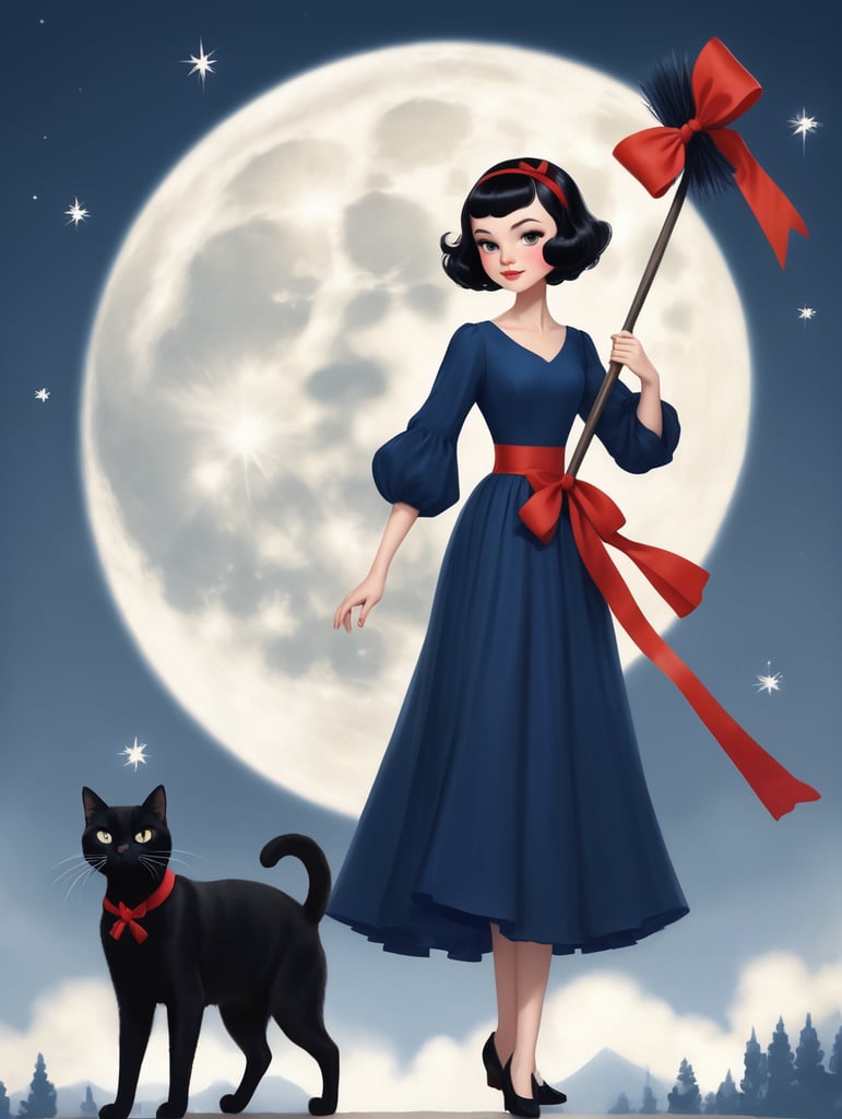 white very beautiful girl with short black hair wearing a red bow on her head, wearing a very simple dark blue dress.the girl is riding a big broom flying in the night sky along with her little black cat