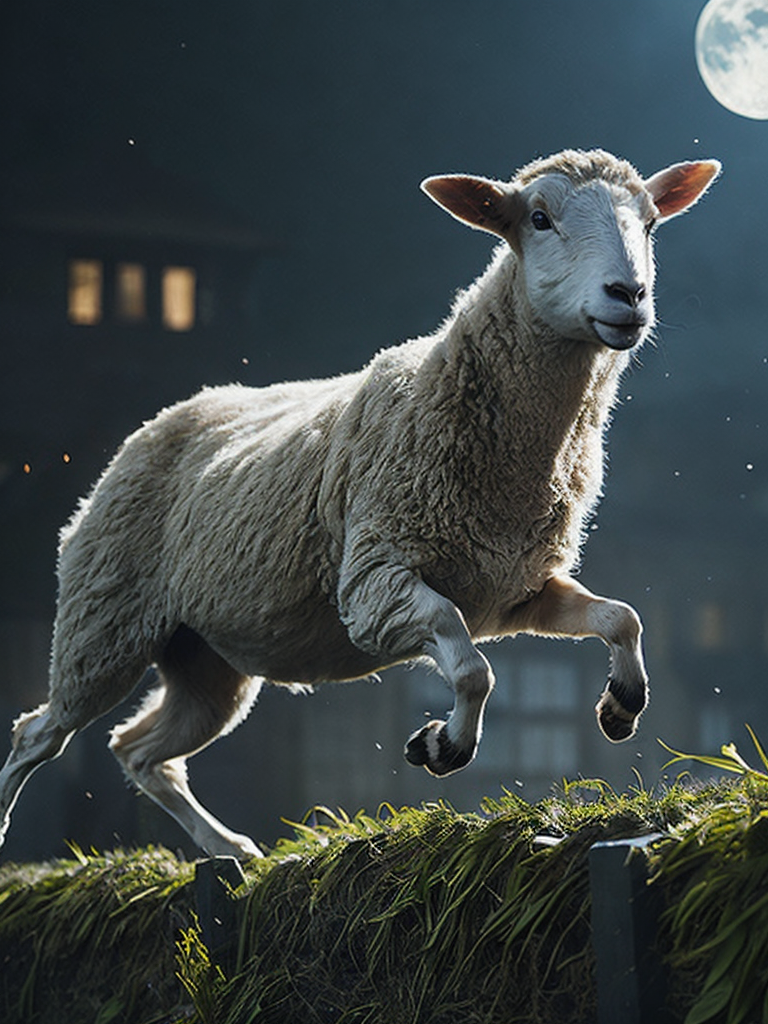 Photo realistic young sheep jumping over a fence in a field behind a house at night with a bright moon