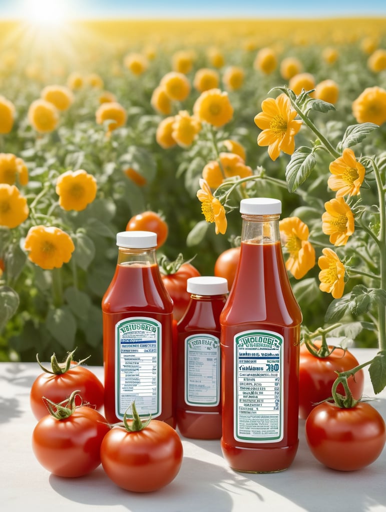 several red tomatoes stacked together forming a Heinz ketchup bottle with some leaves around it, beautiful tomato plantation in the background and a blue sky, short grass and yellow flower + yellow flowers + creamy light + ambient lighting + very beautiful colors