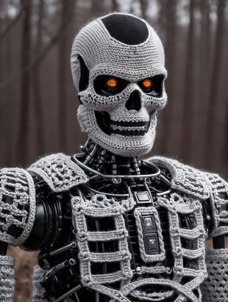 a metal skeleton of a terminator t-800 wearing very hirsute crocheted sweaters for sheeple, portrait