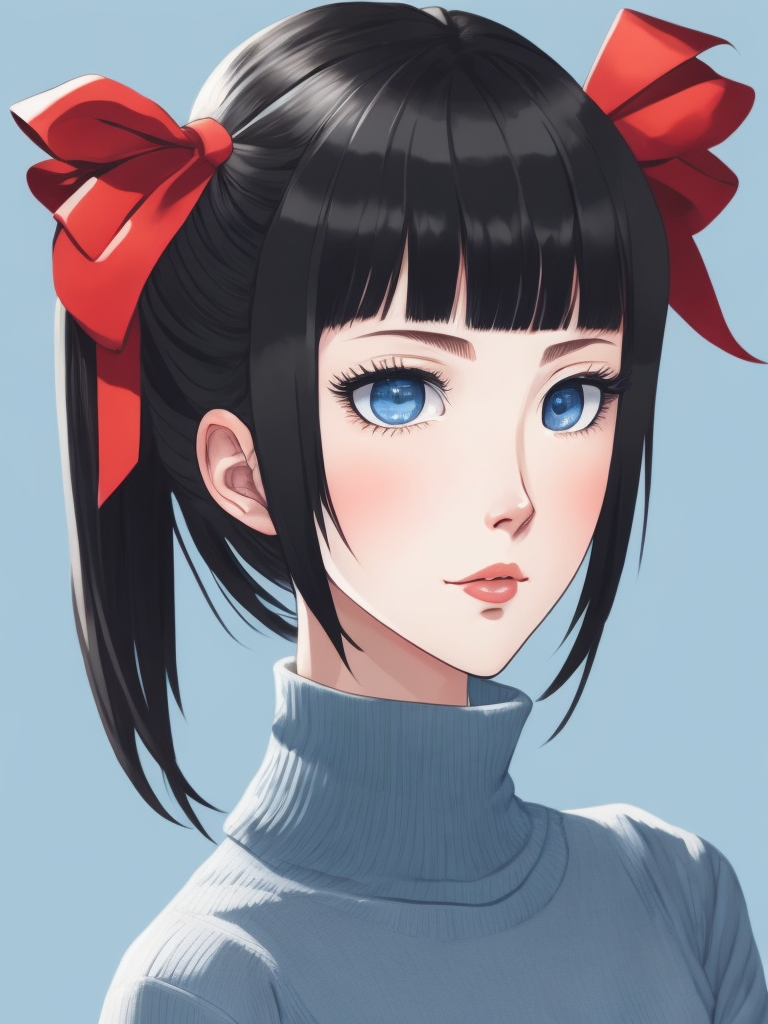 1girl, tohsaka rin, solo, long hair, sweater, red sweater, looking at viewer, blue background, black hair, simple background, two side up, turtleneck, blue eyes, lips, closed mouth, ribbon, hair ribbon, bangs, turtleneck sweater, upper body, parted bangs, black ribbon, ribbed sweater, twintails, nose,