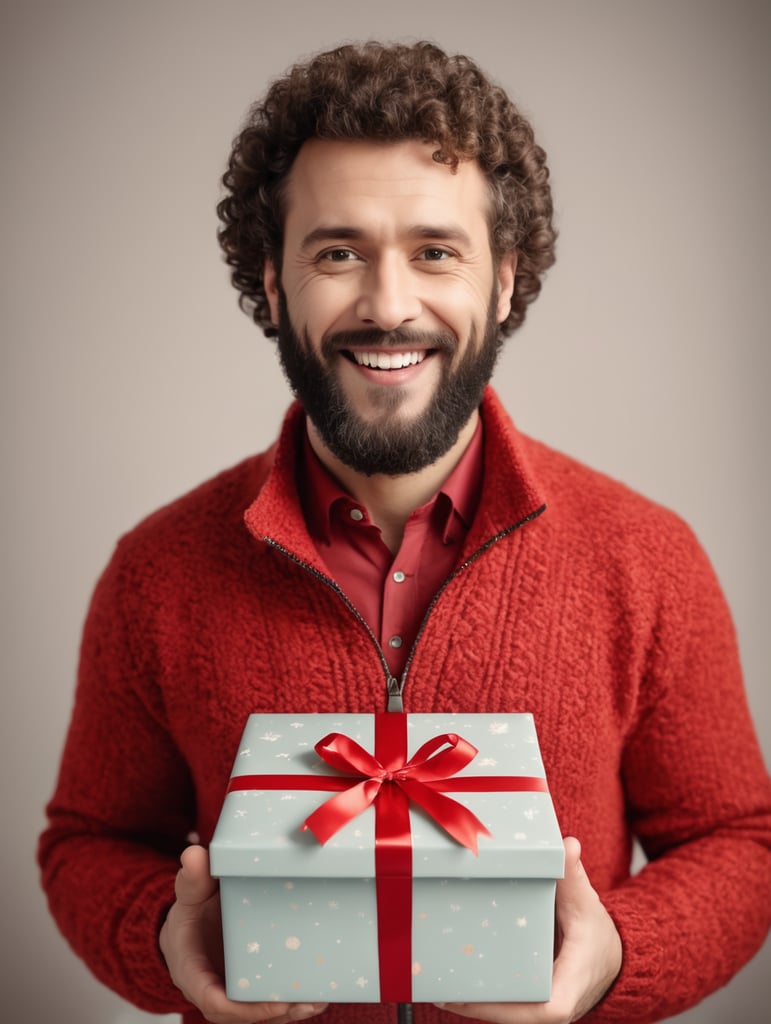 portrait of a bearded curly man wearing red knitted jacket, stands front camera with gift box his hand, happy birthday images, spring time