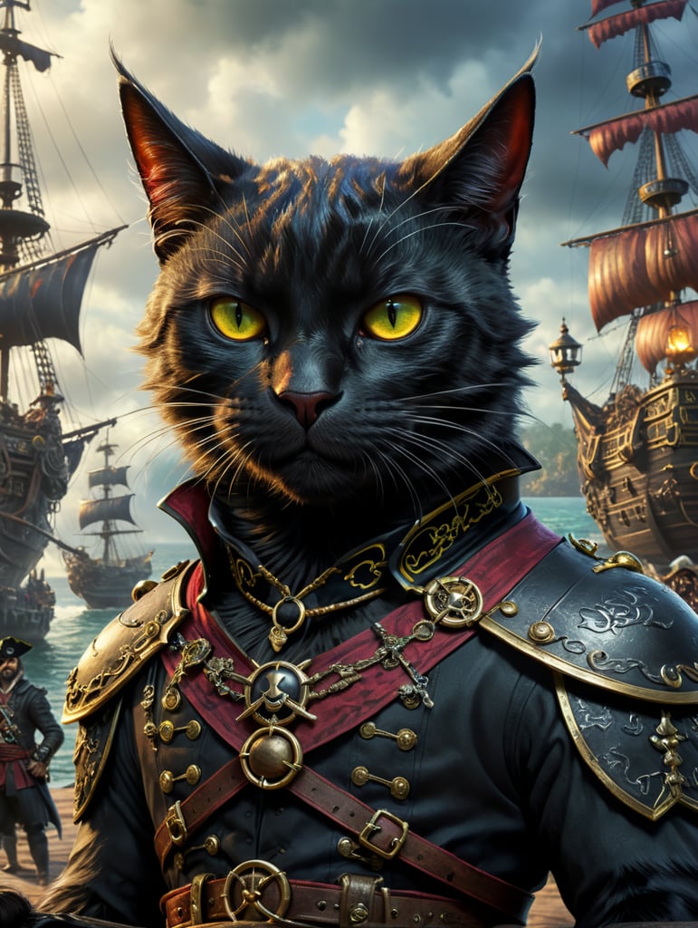Black cat in the style of a Disney cartoon with the nickname Negro. Pirate