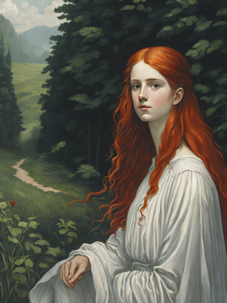 A red-haired young beautiful girl with long hair and a light dress against the backdrop of a dense forest, painting, oil, water color, Gouache, Stained Glass, style of Edward Burne-Jones