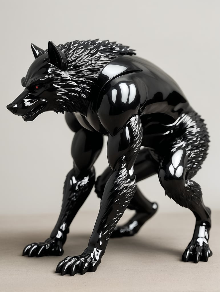 side view shiny black wolfman crawling
