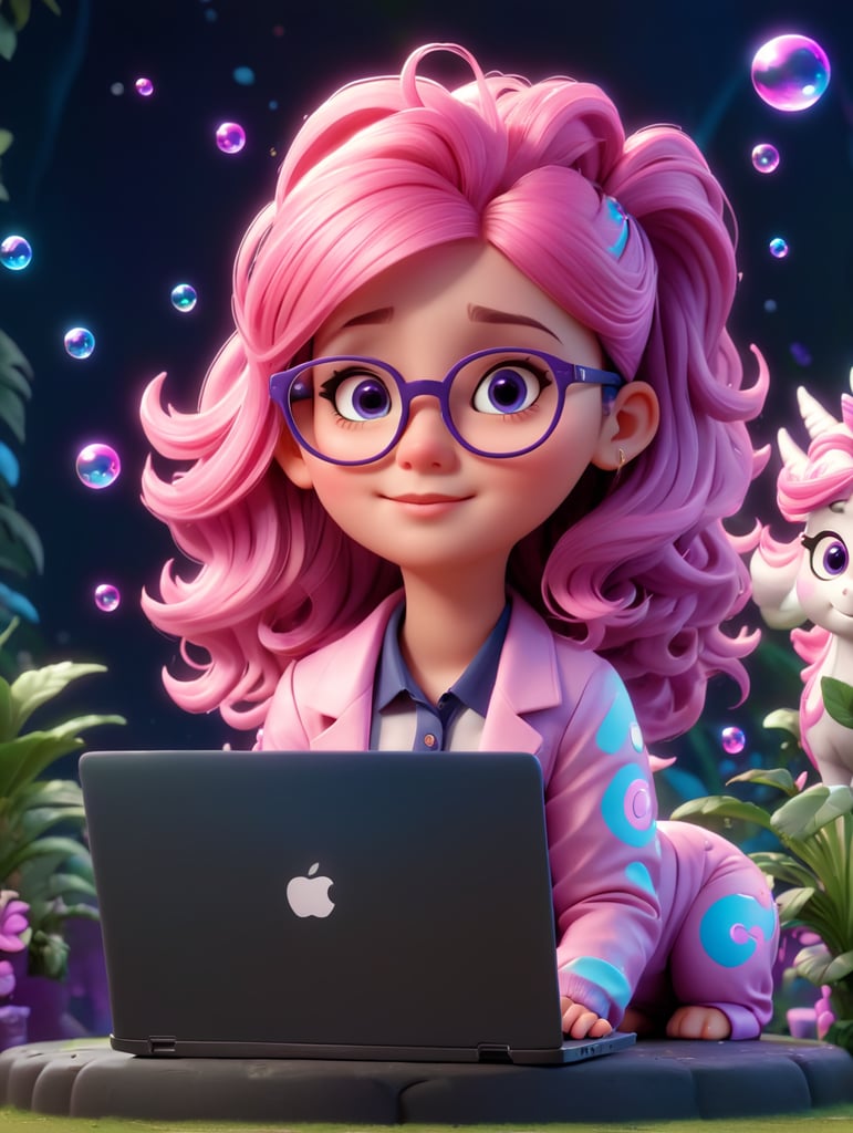 A young cool girl with glasses pink scene a laptop with a no brand. make the hair pink and violet, more neon style and more plants in the background. Bubbles, big flying unicorns, rainbows, kid style, blue eyes, big unicorns pet a said, more background space