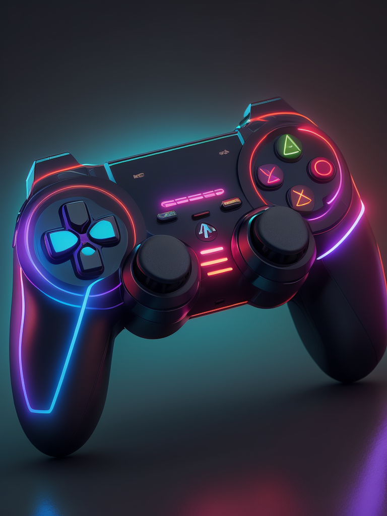 Design a futuristic, neon-colored gaming controller in the style of a playstation controller, glowing neon, semitransparent, deep vibrant colors, high details
