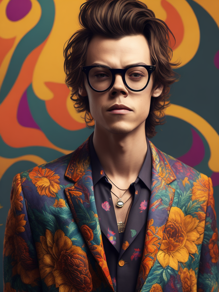 Harry Styles wearing a brightly patterned jacket and wayfarer glasses, Vivid saturated colors, Contrast color