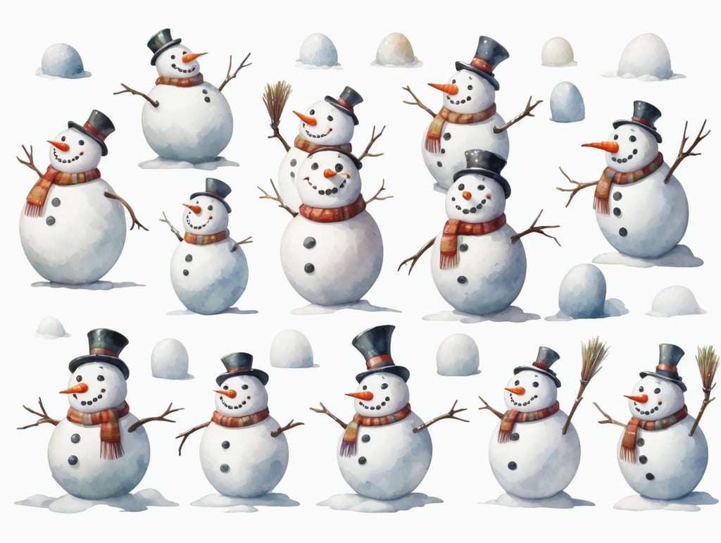 Snowman, different angles and expressions, full body only character sheets, multiple poses, white background, whimsical watercolor