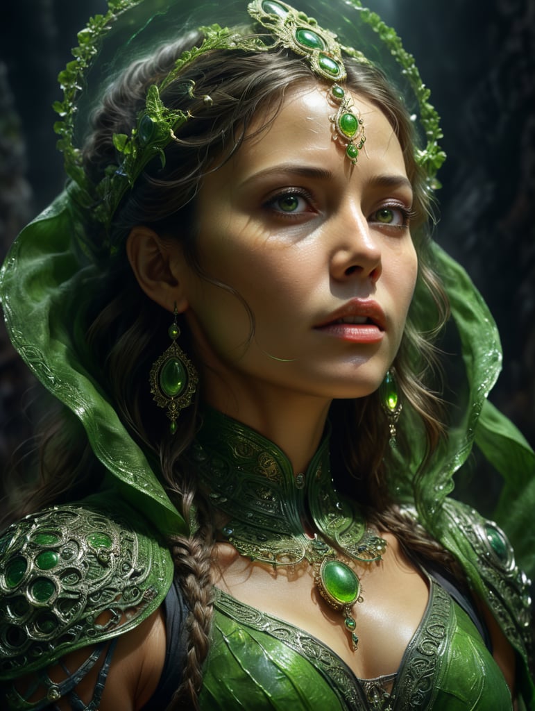 Portrait of a woman experiencing spiritual experience, wrapped green film