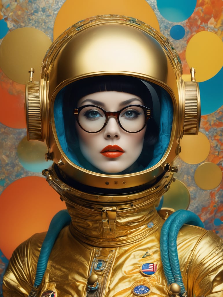 In 1998, abstract fashion photography captured a 1960s astronaut woman in a gold spacesuit with a large helmet and glasses. The art, created by Victor Moscoso and Bridget Riley, used Kodak Ektar 100 film. Carne Griffiths added a touch of magic with fluid art, while artists like Conrad Roset, Ilya Kuvshinov, Mark Fielding, and Zwy Studio emphasized high lights in the eyes. Sergio Lopez and Natalie Shau also contributed to the artwork.