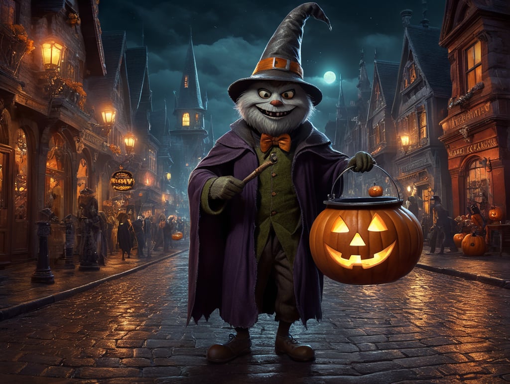 A charming and mischievous Single Full body Character in the middle of Street at night, halloween theme, Disney Pixar style, wearing a pointy hat and holding a bubbling cauldron