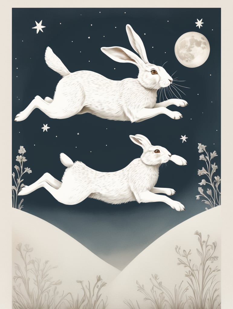 A white March hare leaping over the moon