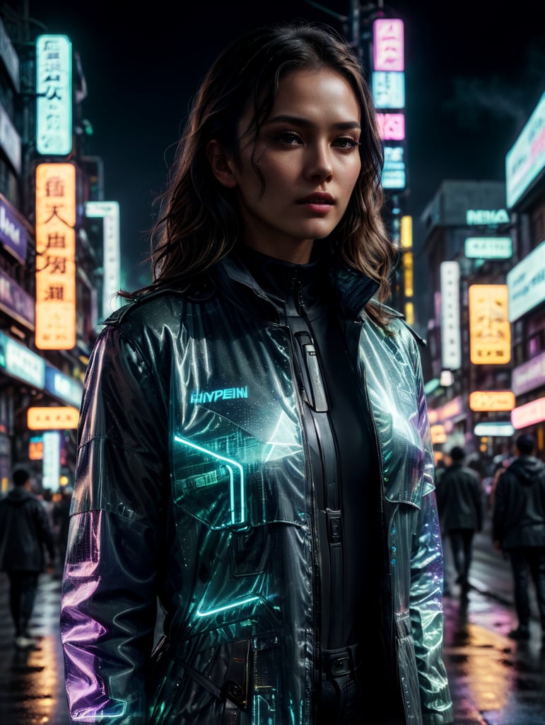 A women wearing translucent coat, standing on a street, neon cyber city, dark night, neon signs