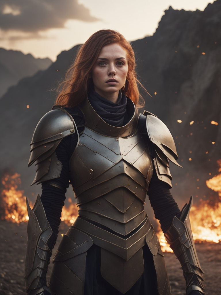 detailed illustration of ginger female divine paladin wearing full plate armor, heavily damaged armor, standing sad on a battlefield, battlefield on fire as background, dirt, misery and decadence, dark ambient, art by Mschiffer, tetradic colors,