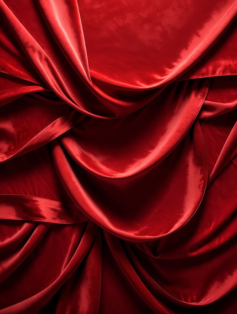 Dynamic draped red velvet background with long red velvet ribbons. Top view. Light at the top. Monochrome red.