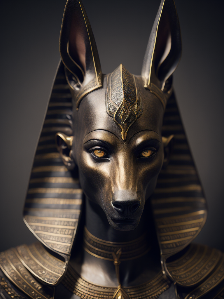 Egyptian god Anubis, portrait, hyper-realistic, dark style, focus on face, sharp on details, black background