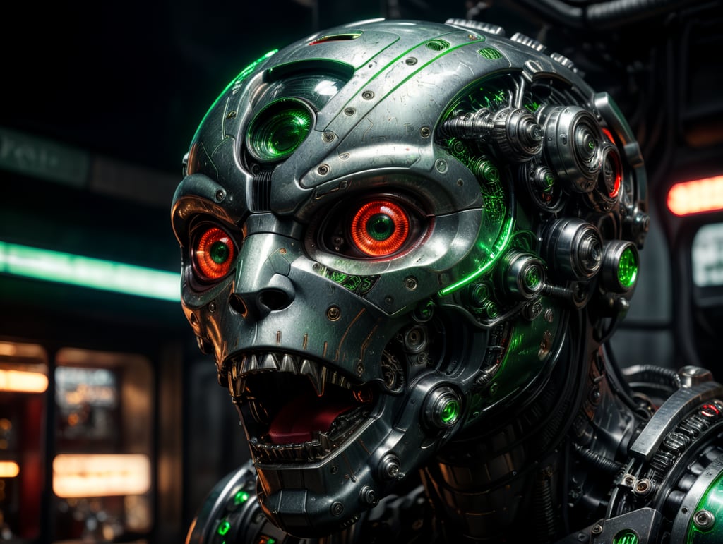Imagine full view of of detailed mechanical parts, green neon lights, eyes made with camera lens, hyper realistic electric red, black, super luminal lumanistic, chrome colored, made of platinum, alien Reptilian Cryptid , in a transformer cyborg drinking steaming cup of coffee, sitting inside futuristic UFO Café
