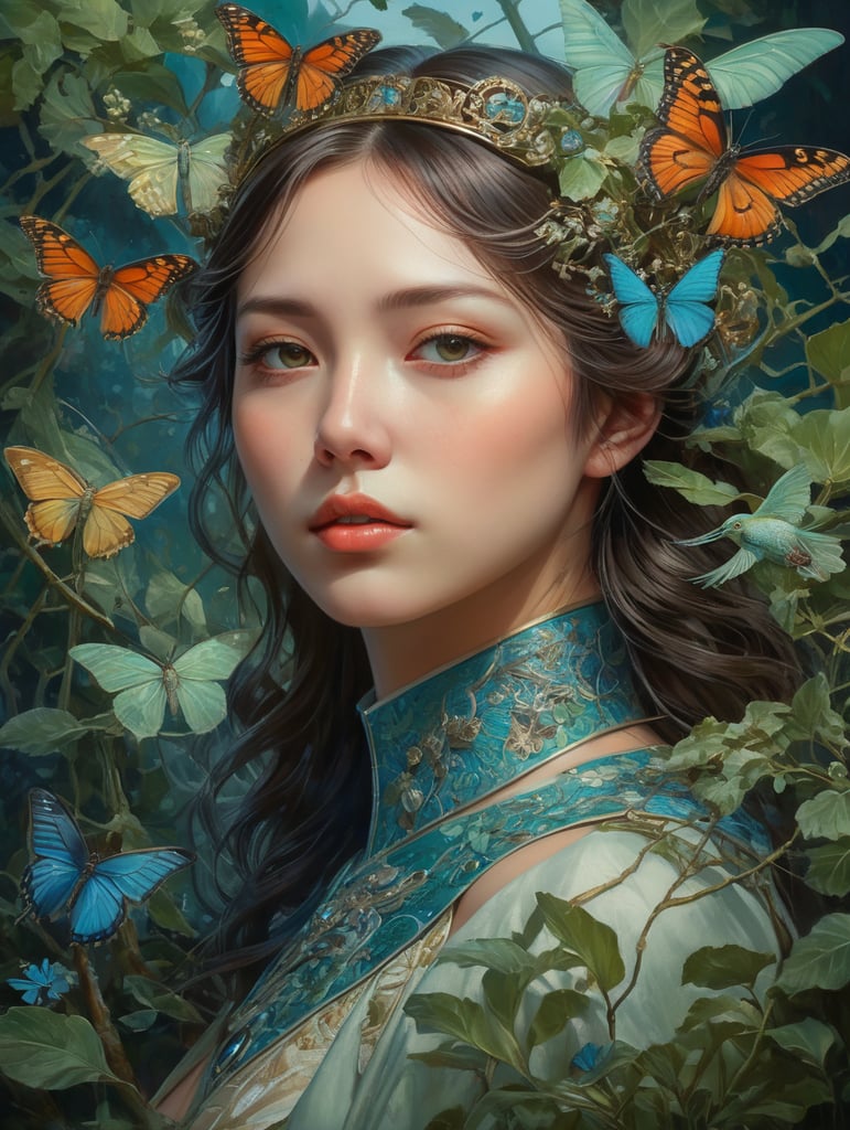 breathtaking Female Portrait by Miho Hirano, ilya kuvshinov, alphonse mucha, realistic, detailed, blue, green tonalities, beautiful collage technique including flora, branches, birds, butterflies, ornate background, beautiful Fantasy detailed trending on artstation, oil painting,Dramatic lighting, ethereal , high quality print, fine art with subtle redshift rendering