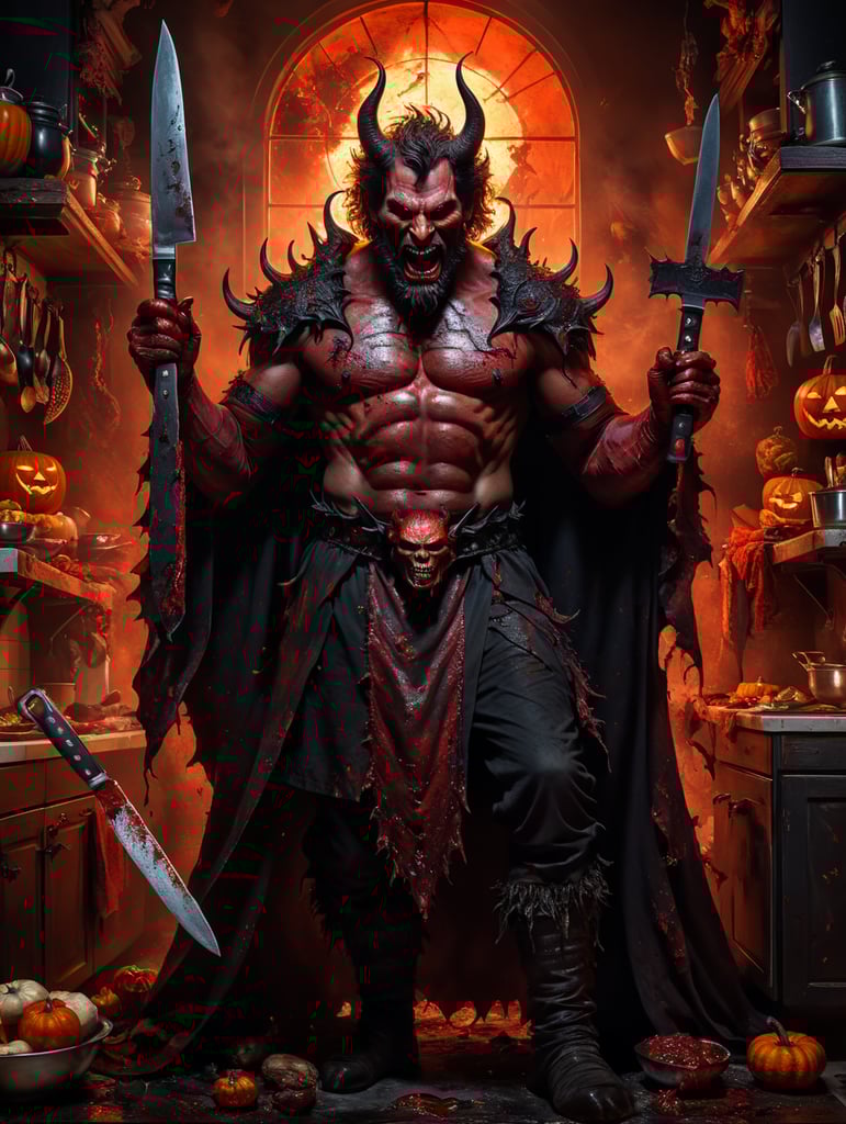 The devil,with demons , in the kitchen with a big butcher knives in his hands, messy makeup and messy hair, Halloween costume, vivid saturated colors, highly detailed, contrast colors