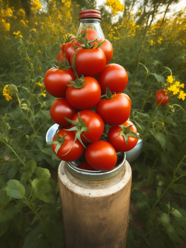 several red tomatoes stacked together forming a ketchup bottle with some leaves around it, beautiful tomato plantation in the background and a blue sky, short grass, yellow flower, ambient lighting