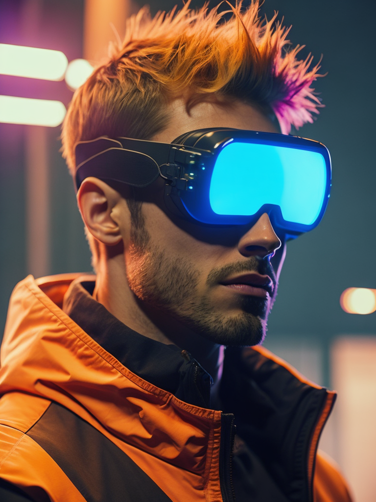 Man wearing virtual reality glasses, cyberpunk style, neon colors, bright colors, bright blue glowing glasses, sharp details, contrasting light