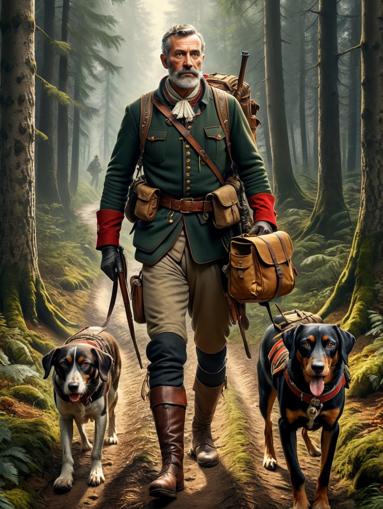 Retro poster an old Austrian hunter with a hunting dog walks along a forest path, dressed in traditional Austrian clothes, carrying a backpack with things, caught game in his belt