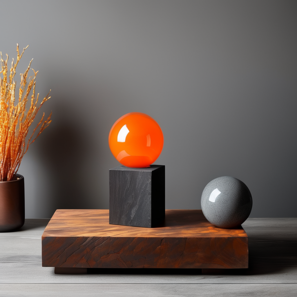 Un tótem de Una roca color naranja brillante sobre una pieza de madera natural muy obscura que se encuentra sobre un bloque de cobre arriba de una esfera pequeña de vidrio. Que parezca una escultura en equilibrio de arte contemporáneo en un entorno gris obscuro sin muchos elementos