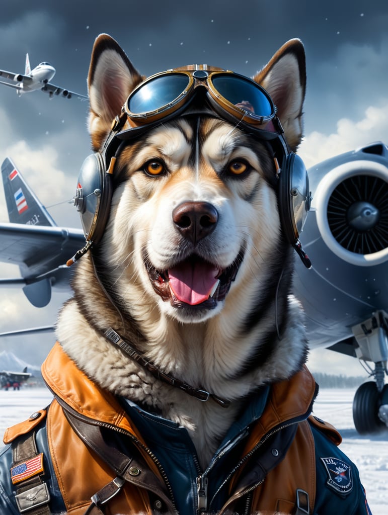 Photorealistic portrait of a malamute dog in a pilot's outfit, realism, a plane in the background, snow