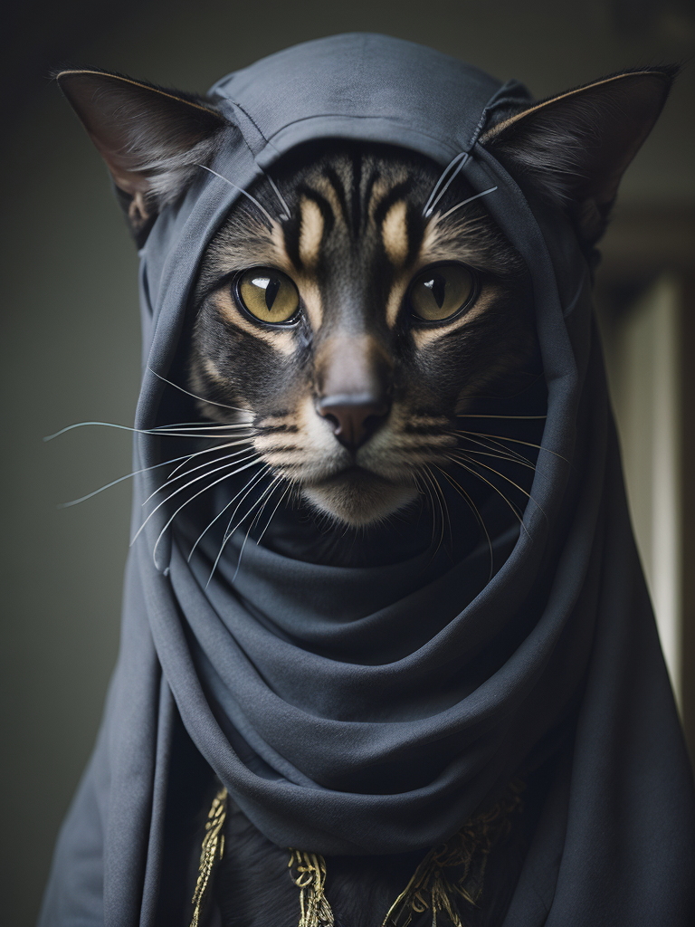 hyper-realistic, ultra-detailed photograph of a big maincoon cat wearing black coated arabic fashion and beautiful woman wearing hijab niqab arabic fashion in the Renaissance ottoman mosque background, depth of field,