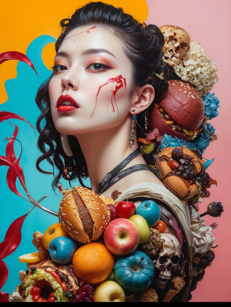 The anatomy of a zoombie head made of junk food, an ultrafine detailed painting by james jean, octopath traveler, behance contest winner, vanitas, angular, altermodern, surreal