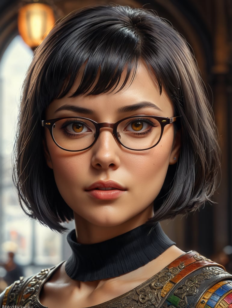 Жена с черна къса коса, къс бретон,очила и кафяви очи