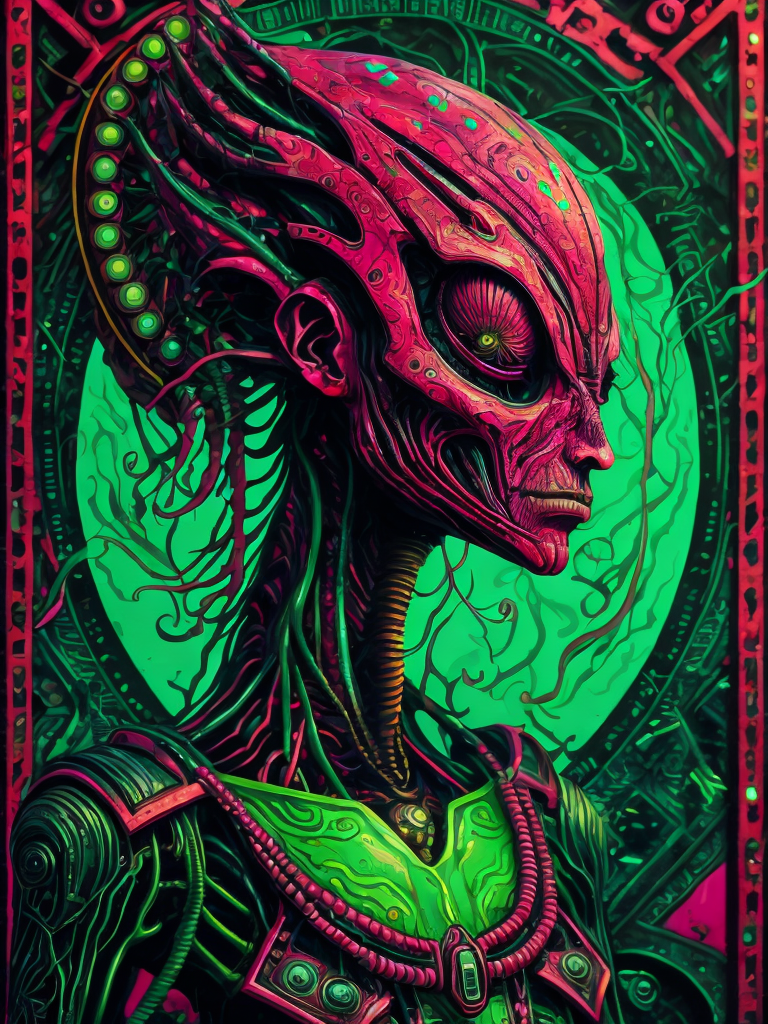 Portrait of an alien, batik, intricate details, surreal, Alien, Cyberpunk Trashcore Style, green crumson and pink, s 1000