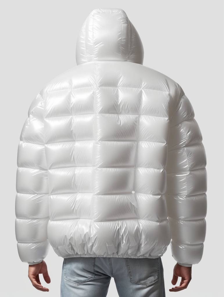 Inflatable white minimalist man's puffer jacket, back view, transparent, isolated, grey background, mockup