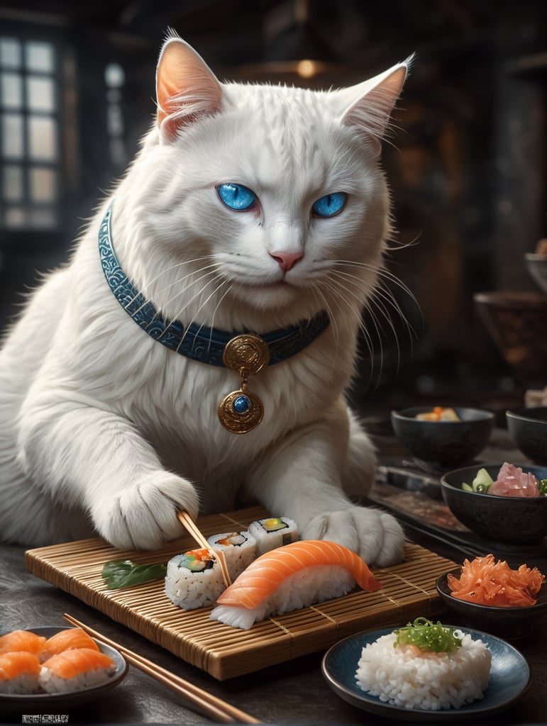 white cat with blue eyes eats delicious sushi