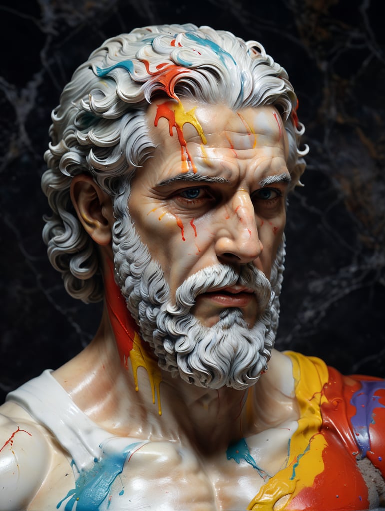 greek male white marble bust with colorful paint, melted, the paint is flowing, aesthetic background