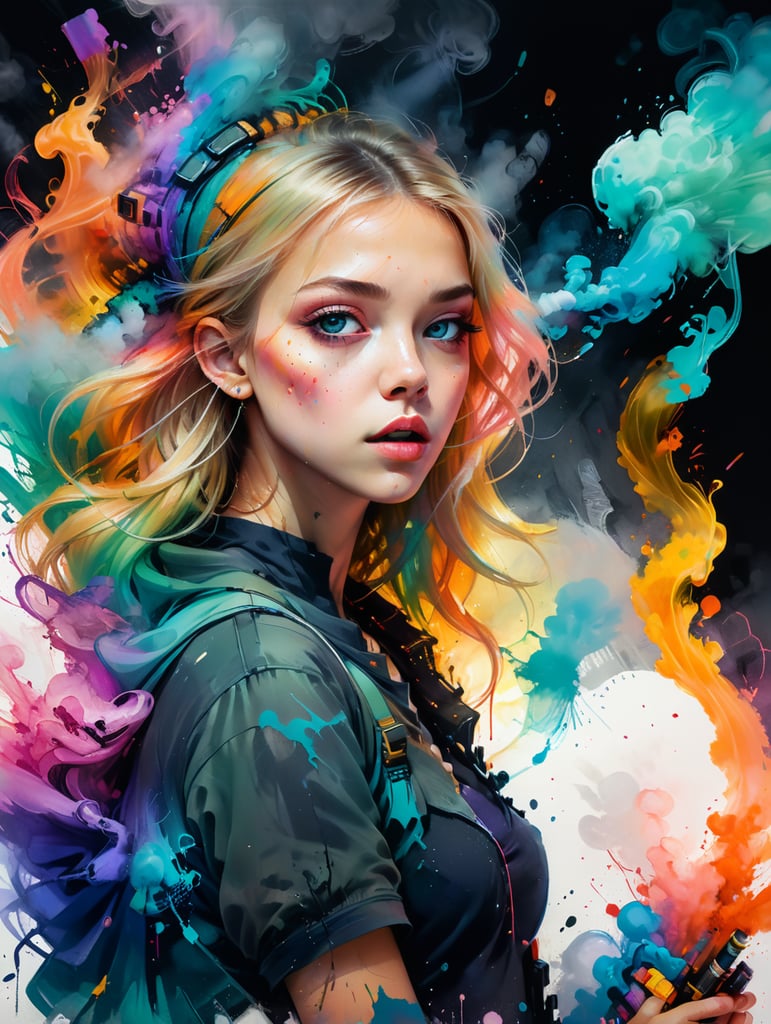 Blonde teenage girl vaping lots of colourful smoke and looking sickly