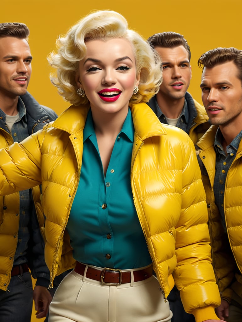 photo happy marilyn monroe going to travel, cute woman, dressed yellow inflatable shiny latex puffer jacket, yellow background, harpers bizarre, cover, headshot, hyper realistic, vibrant colors