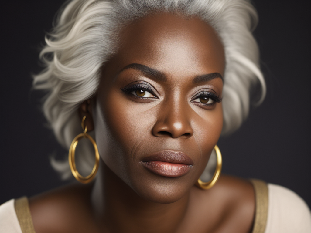 A 40yr old African supermodel with classic natural Chanel make-up and beautifully styled hair, beautiful pores and skin texture, wearing plain neutral colour top with open neckline, detailed high resolution image, grey hair, natural Clinique style image, soft lighting, gentle expression, she is content with her age