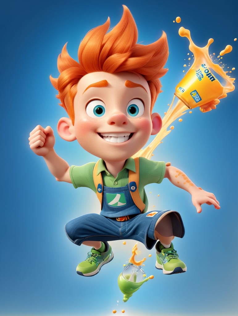 Ginger Disney Pixar-style teen boy with braces drinking an energy drink. Full-body. Action pose jumping in the air.