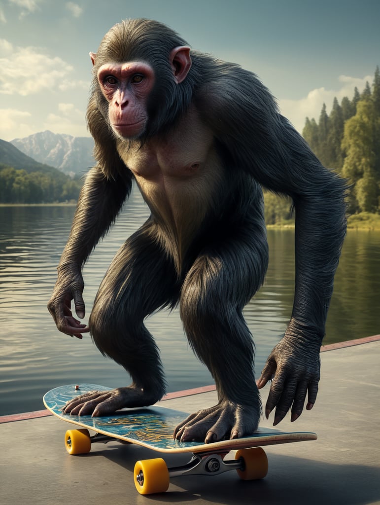 generate the image of an alien monkey, on a skateboard on a lake.