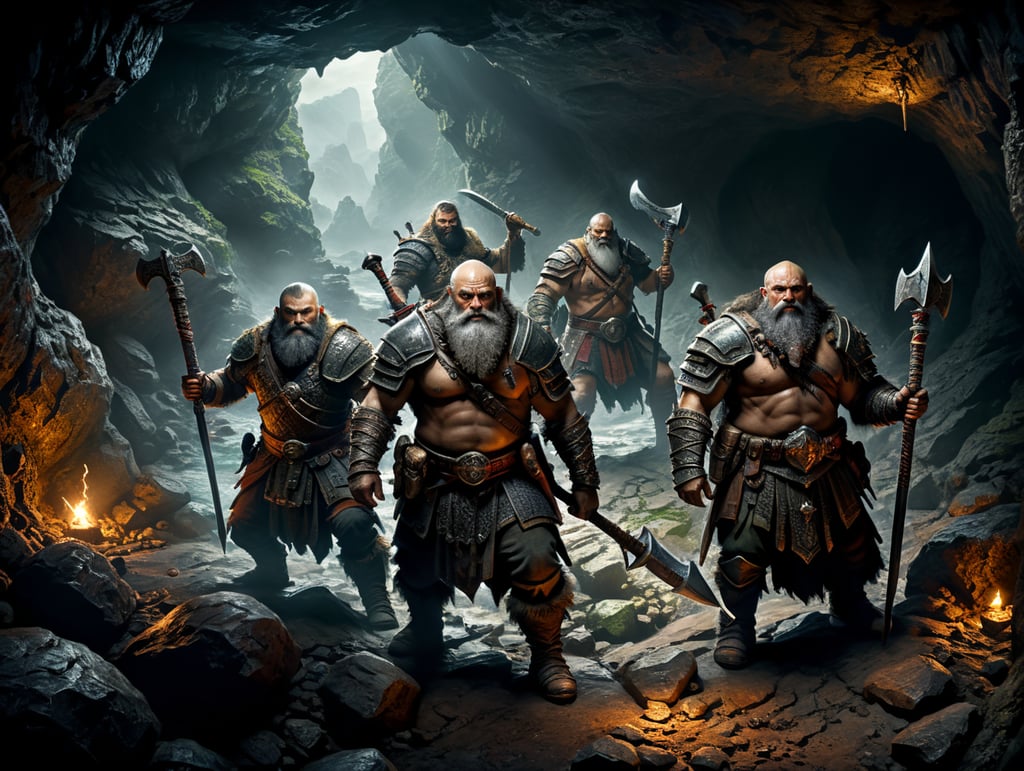 three adventurers in very dark cave one swordsman one bowman one dwarf with axe