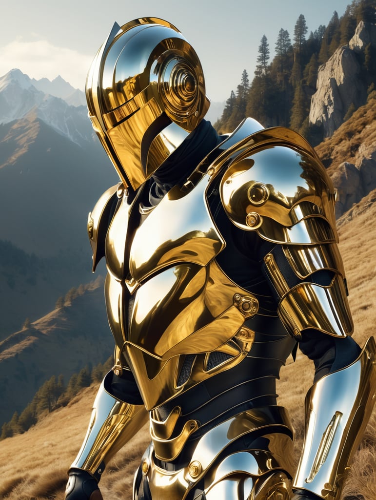 Cyber knight wearing gold chrome helmet, shining reflections, walking in the mountains, photorealistic, hyper-detailed, eerie atmosphere