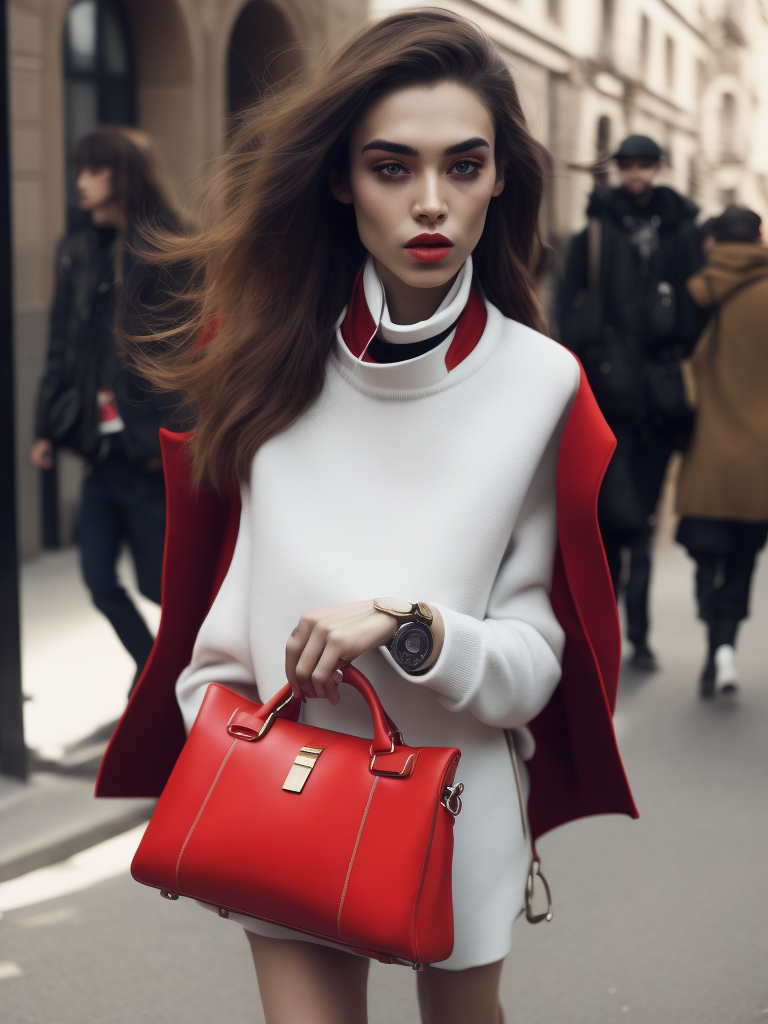 Meaningful surreal tumblr amateur balenciaga's street fashion photoshoot of a beautiful 3d girl, interesting poses, photorealistic, red and white colors, photo shoot, cinematic still shot, magazine photography, 35mm, film look