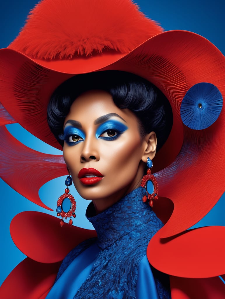 Donyale luna, avant-garde, simplygo, photoshoot spread, dressed in all red, blue background, harpers bizarre, cover, headshot, hyper realistic